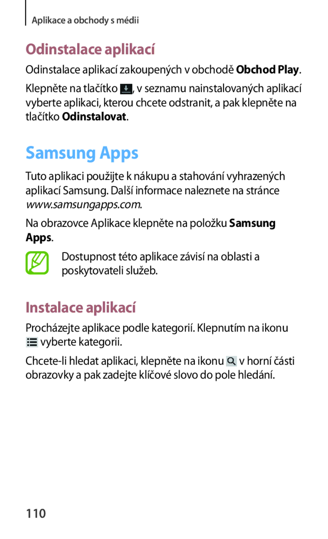 Samsung GT-N5120ZWAO2C manual 110, Na obrazovce Aplikace klepněte na položku Samsung Apps, Vyberte kategorii 