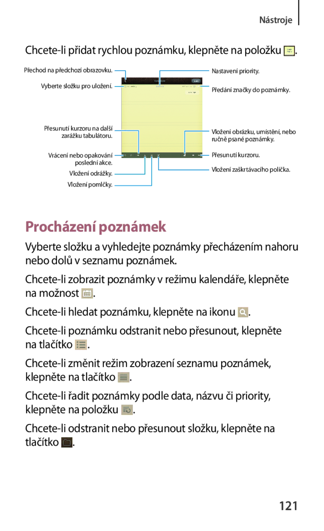 Samsung GT-N5120ZWAO2C manual 121, Chcete-li přidat rychlou poznámku, klepněte na položku 