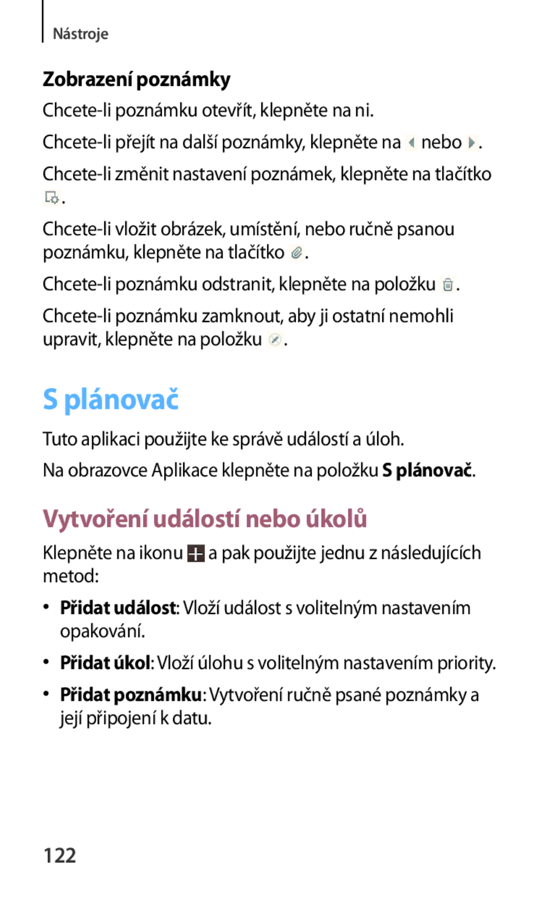 Samsung GT-N5120ZWAO2C manual Plánovač, Vytvoření událostí nebo úkolů, 122, Chcete-li poznámku otevřít, klepněte na ni 