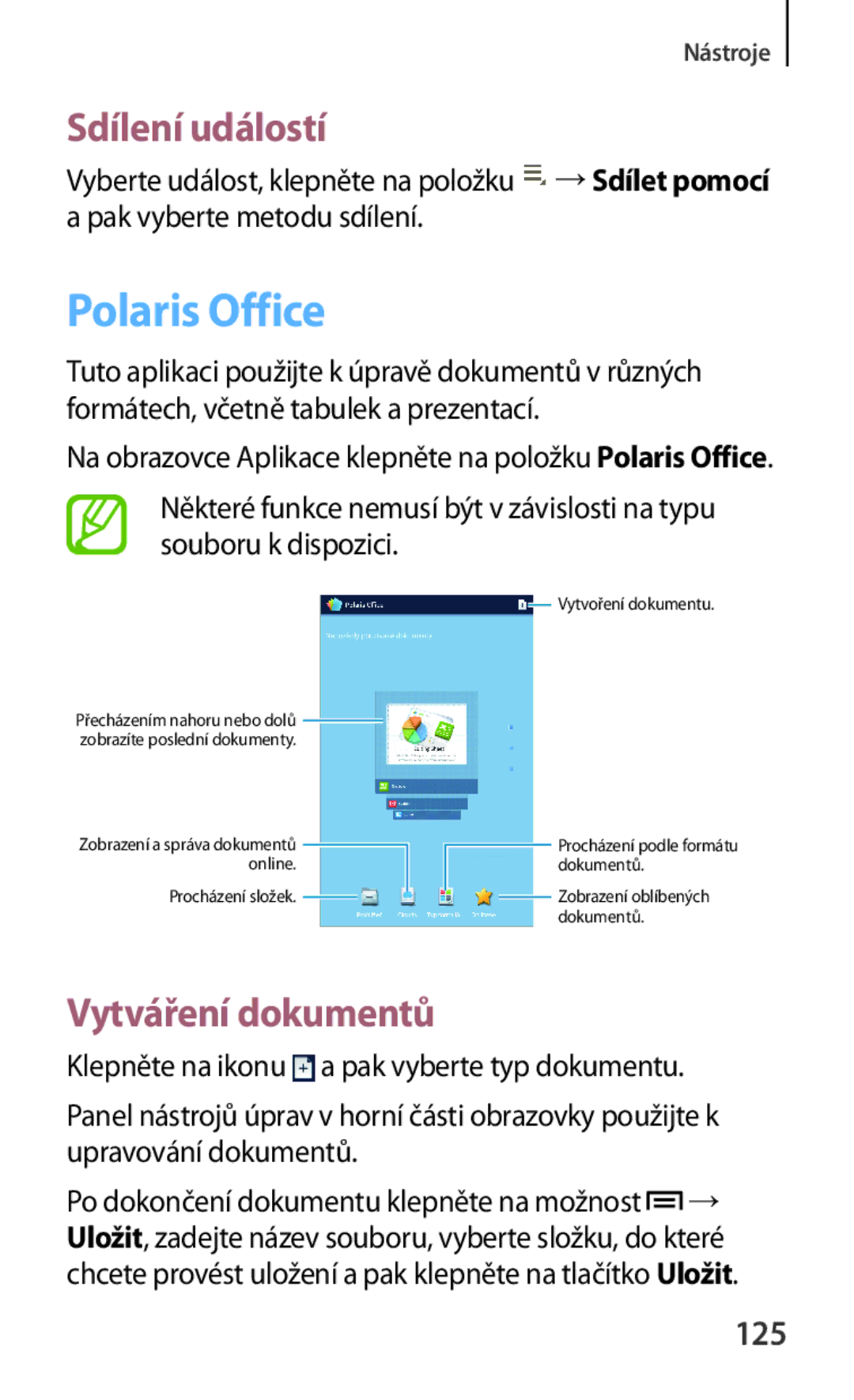 Samsung GT-N5120ZWAO2C manual Polaris Office, Sdílení událostí, Vytváření dokumentů, 125 