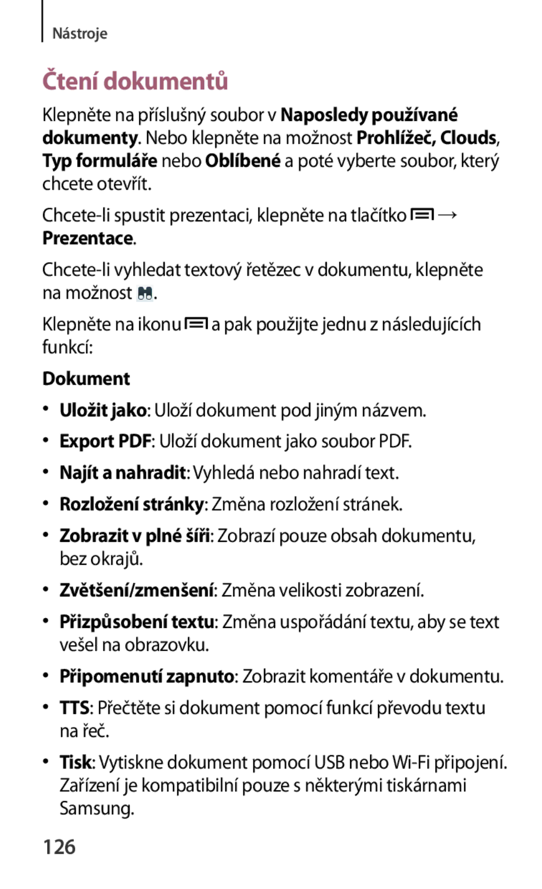 Samsung GT-N5120ZWAO2C manual Čtení dokumentů, 126, Dokument 