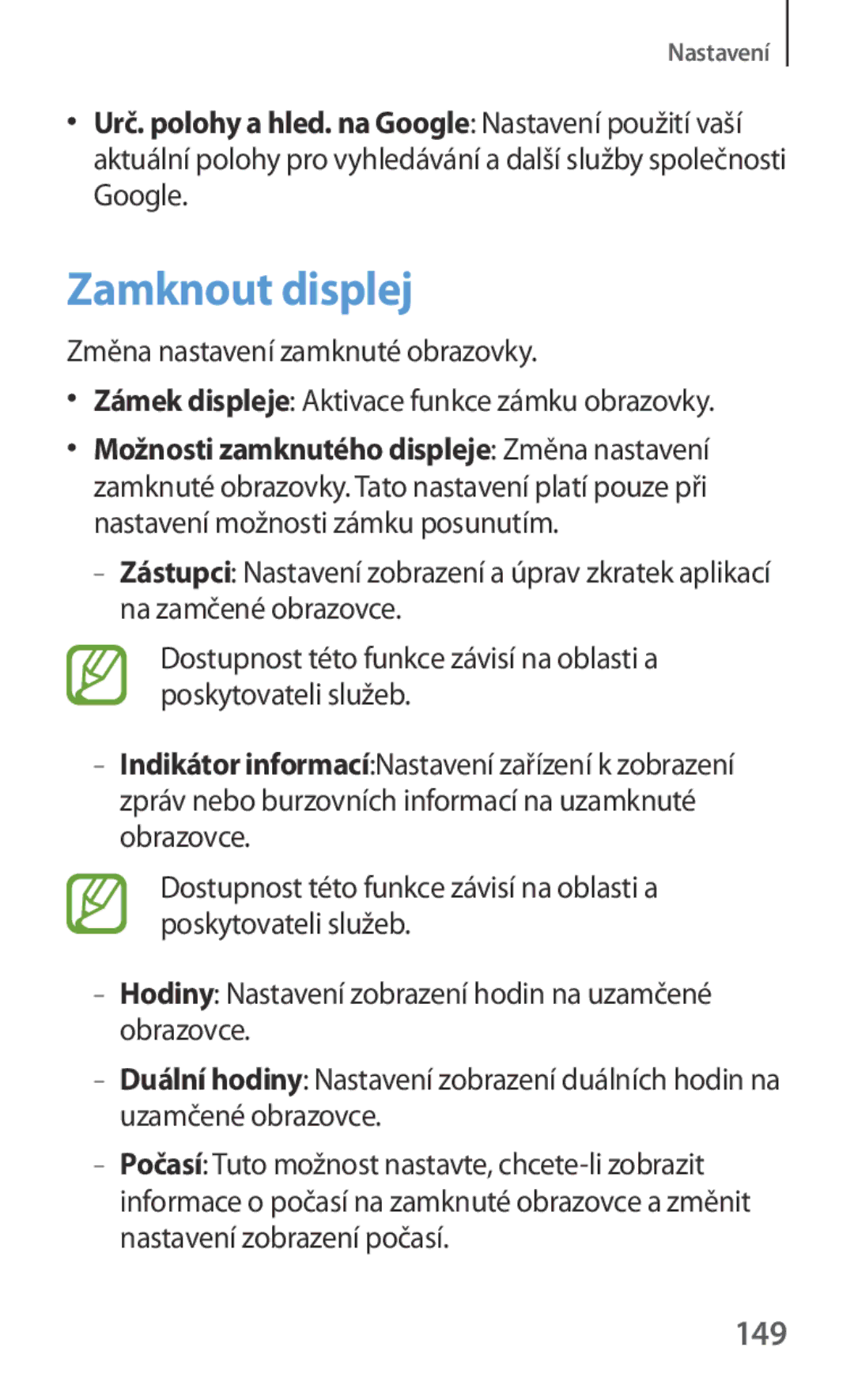 Samsung GT-N5120ZWAO2C manual Zamknout displej, 149, Změna nastavení zamknuté obrazovky 