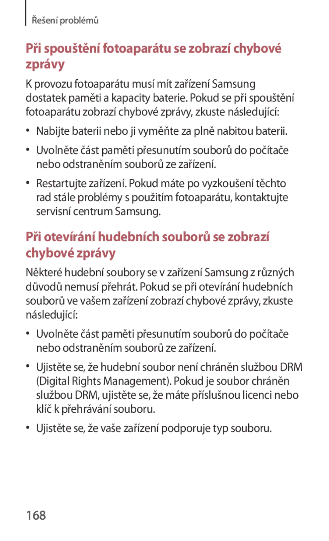 Samsung GT-N5120ZWAO2C manual Při spouštění fotoaparátu se zobrazí chybové zprávy, 168 