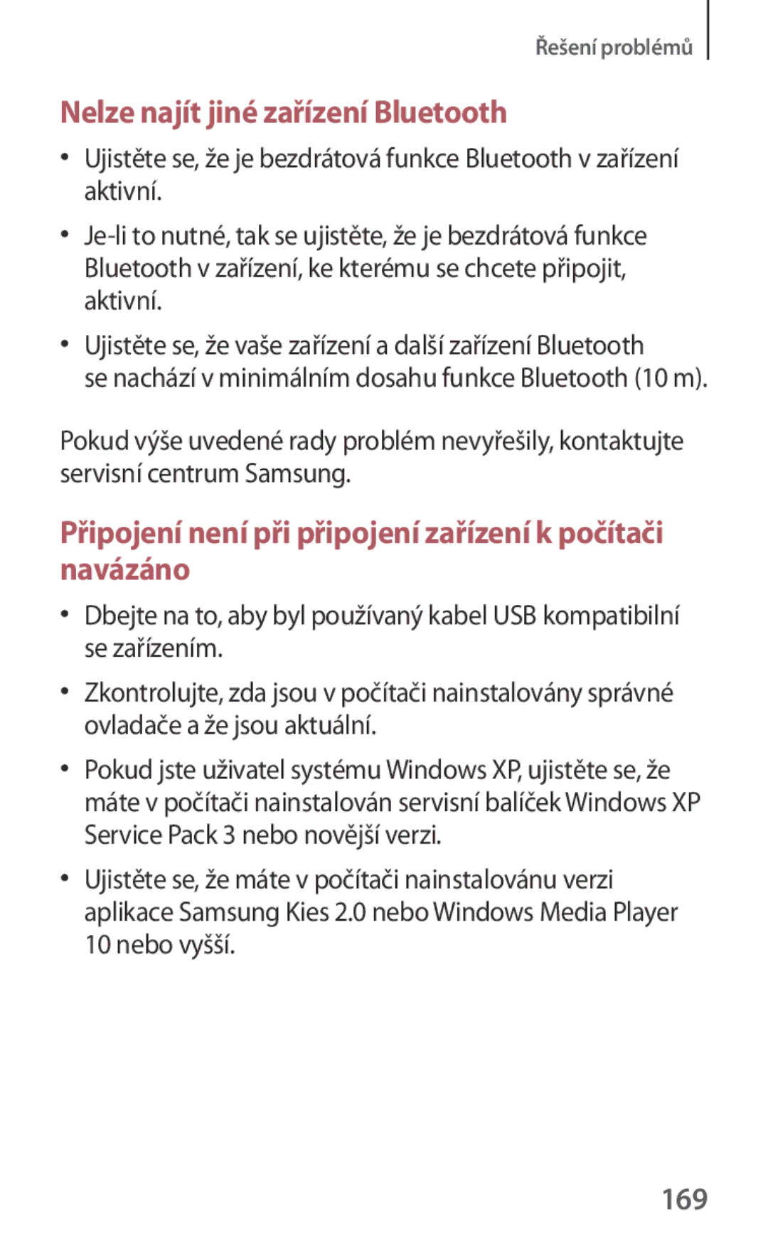 Samsung GT-N5120ZWAO2C manual Nelze najít jiné zařízení Bluetooth, 169 