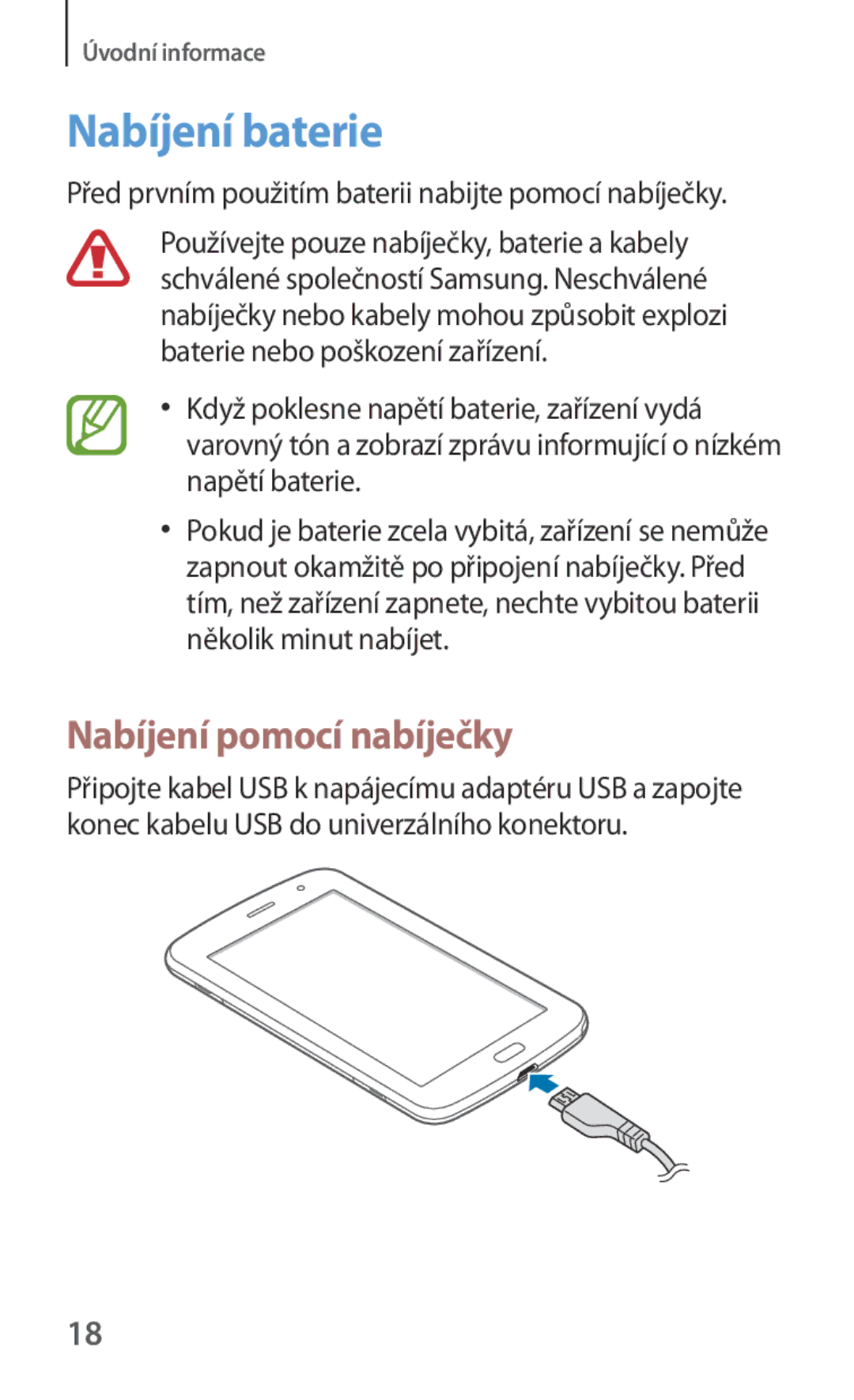 Samsung GT-N5120ZWAO2C manual Nabíjení baterie, Nabíjení pomocí nabíječky 