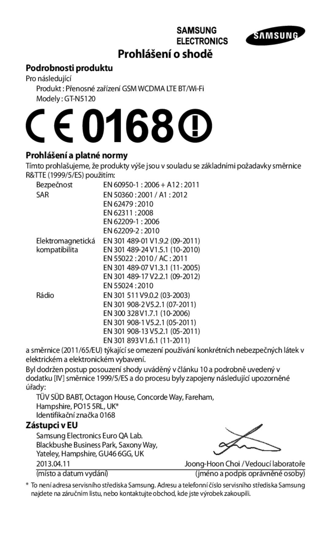 Samsung GT-N5120ZWAO2C manual Prohlášení o shodě, Podrobnosti produktu, Prohlášení a platné normy, Zástupci v EU 