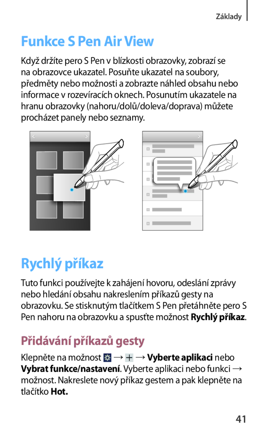 Samsung GT-N5120ZWAO2C manual Funkce S Pen Air View, Rychlý příkaz, Přidávání příkazů gesty 