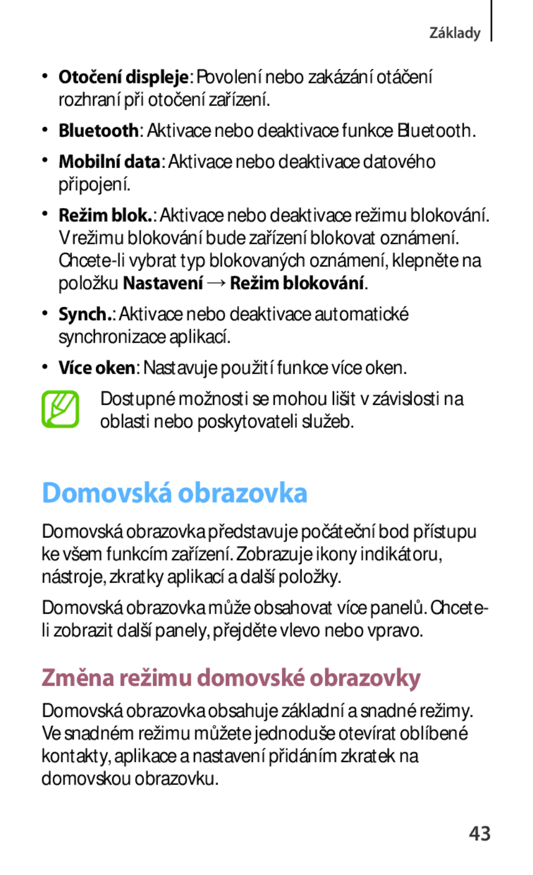 Samsung GT-N5120ZWAO2C manual Domovská obrazovka, Změna režimu domovské obrazovky 