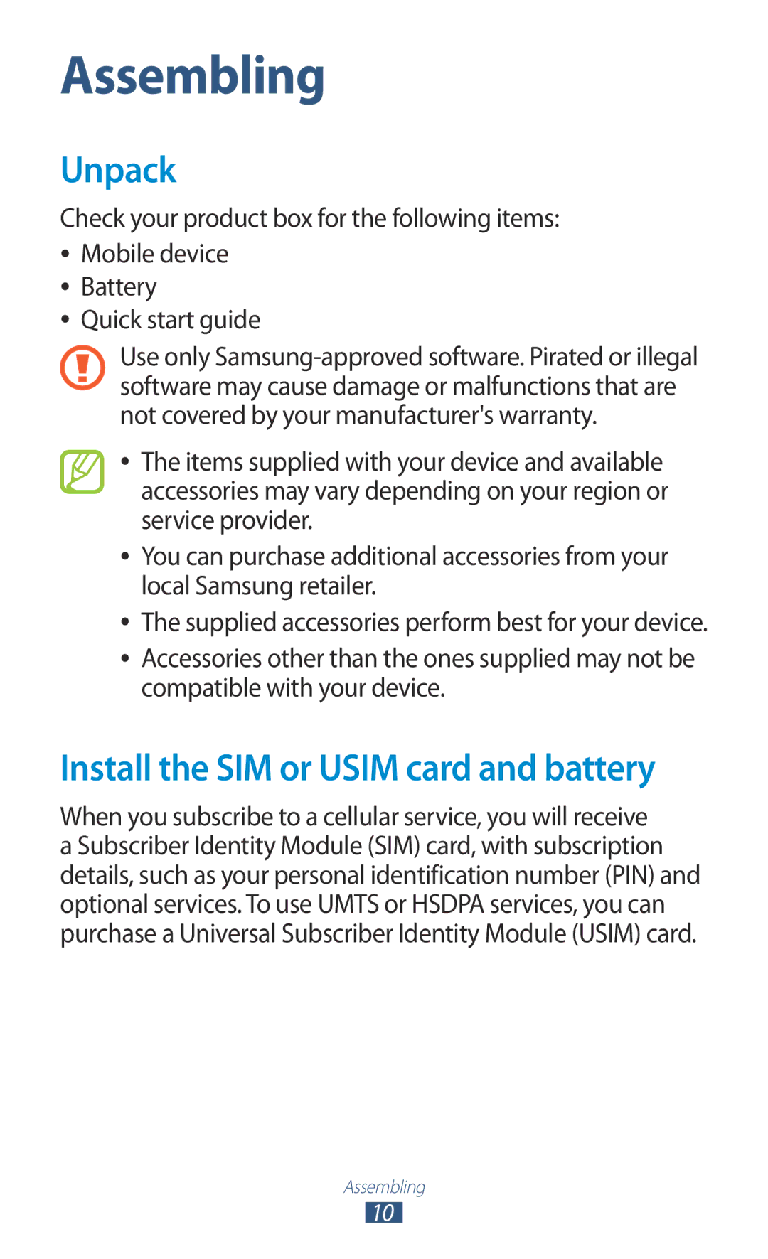 Samsung GT-N7000 user manual Assembling, Unpack 