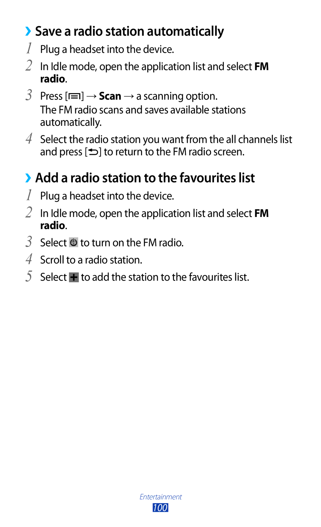 Samsung GT-N7000 user manual ››Save a radio station automatically, ››Add a radio station to the favourites list, Radio 