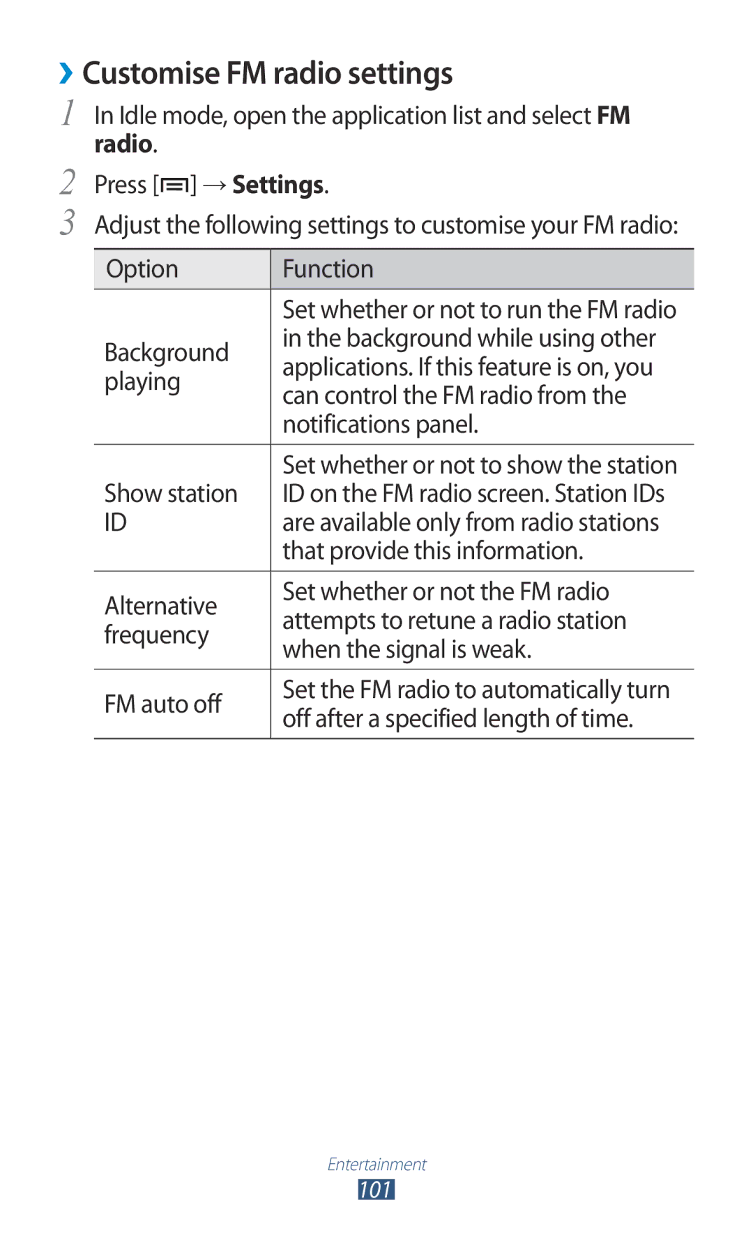 Samsung GT-N7000 user manual ››Customise FM radio settings 