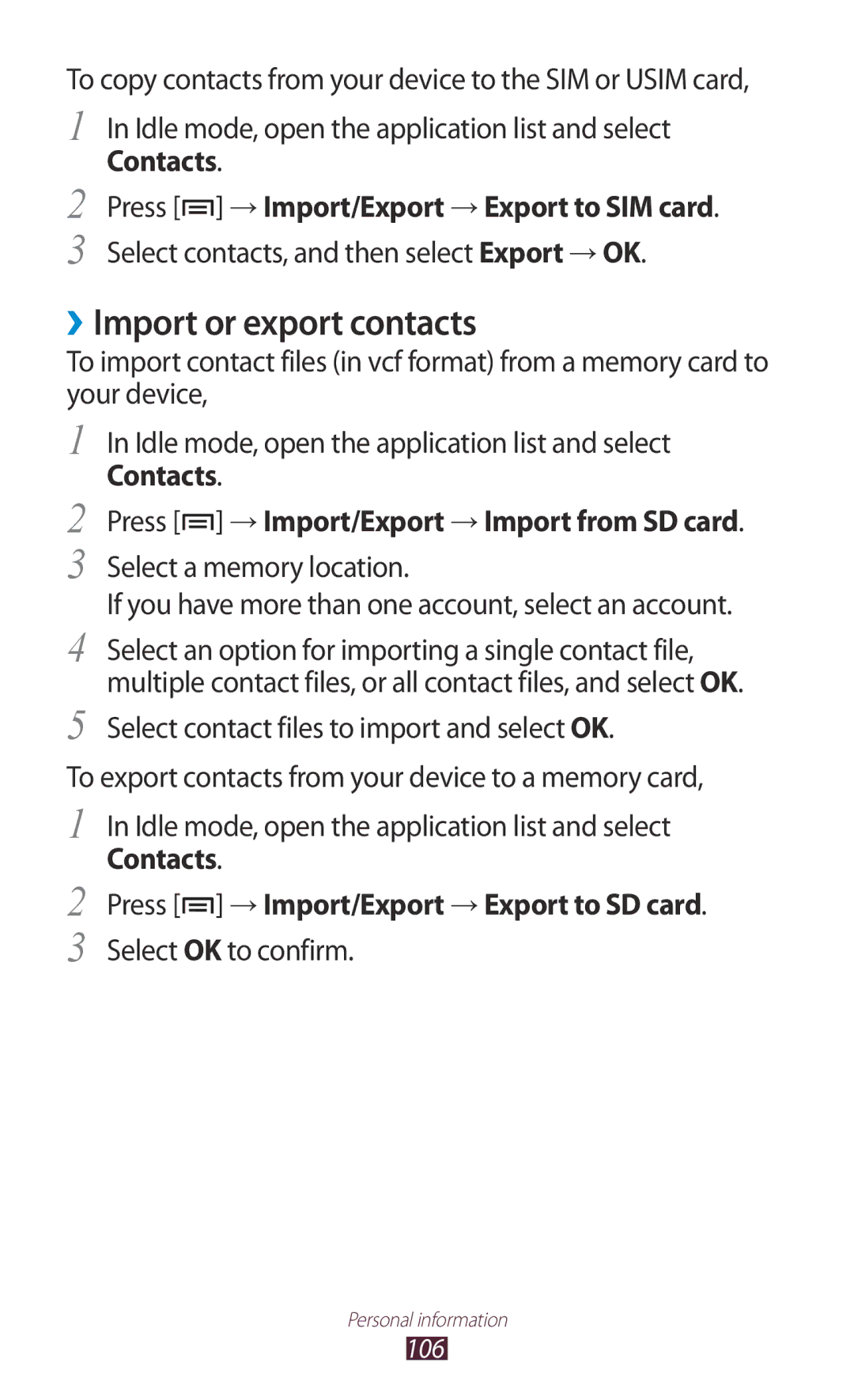 Samsung GT-N7000 user manual ››Import or export contacts, Contacts Press → Import/Export → Export to SIM card 