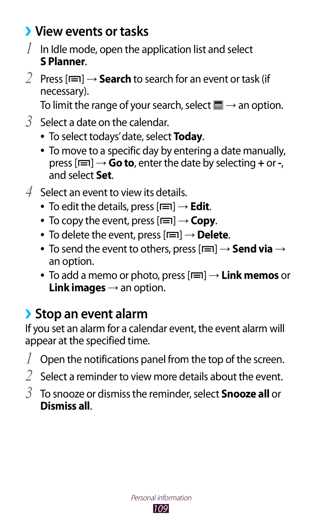 Samsung GT-N7000 user manual ››View events or tasks, ››Stop an event alarm 