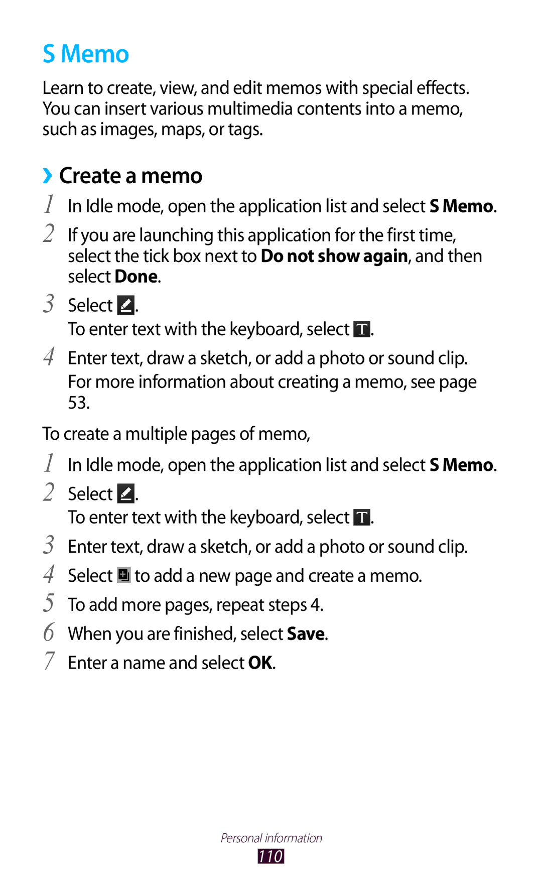 Samsung GT-N7000 user manual Memo, ››Create a memo 