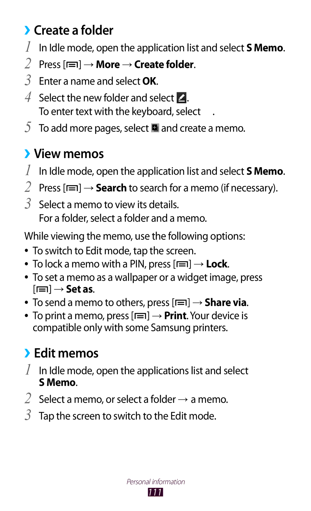 Samsung GT-N7000 user manual Create a folder, View memos, ››Edit memos, Press → More → Create folder 