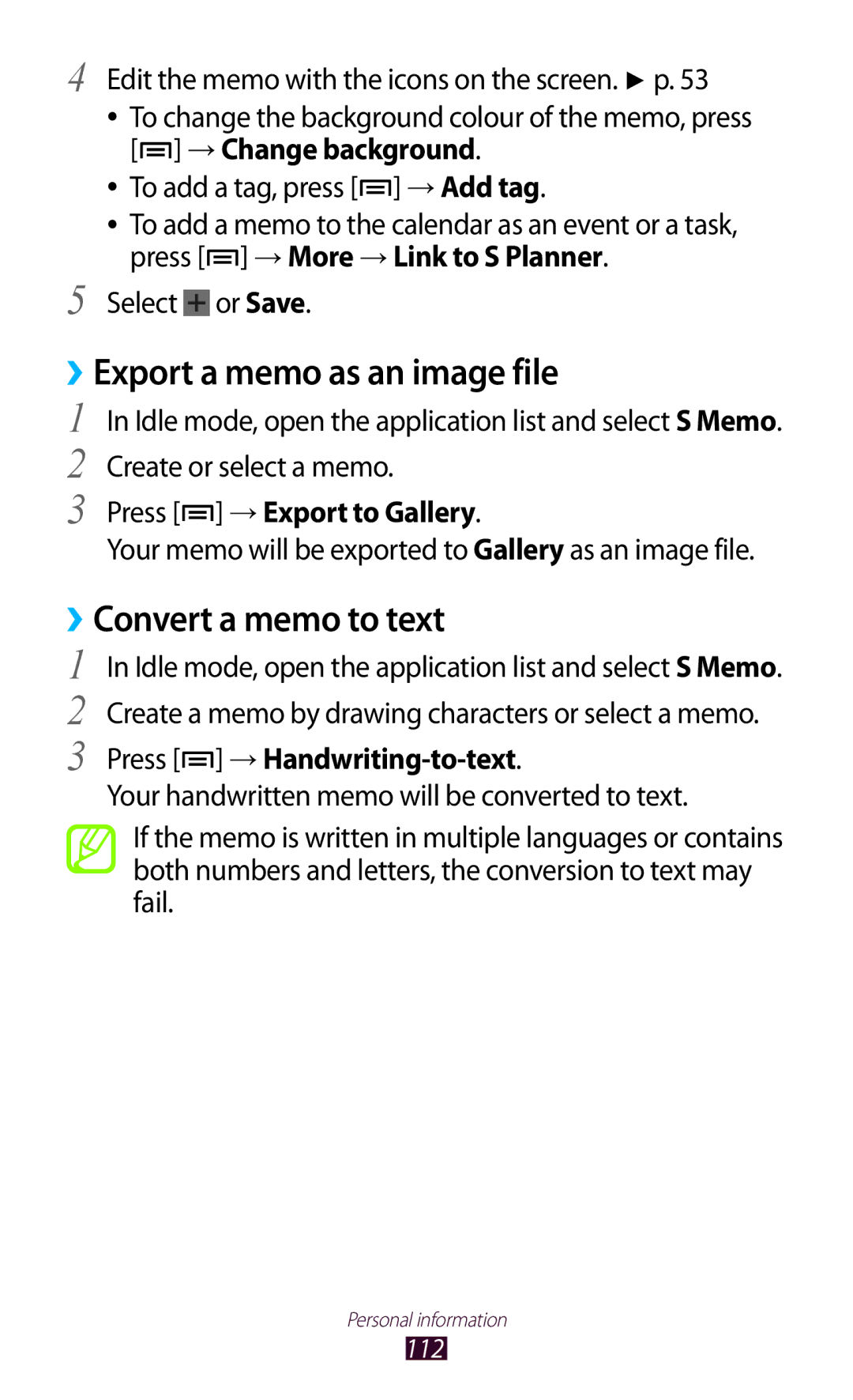 Samsung GT-N7000 Export a memo as an image file, Convert a memo to text, → Export to Gallery, → Handwriting-to-text 