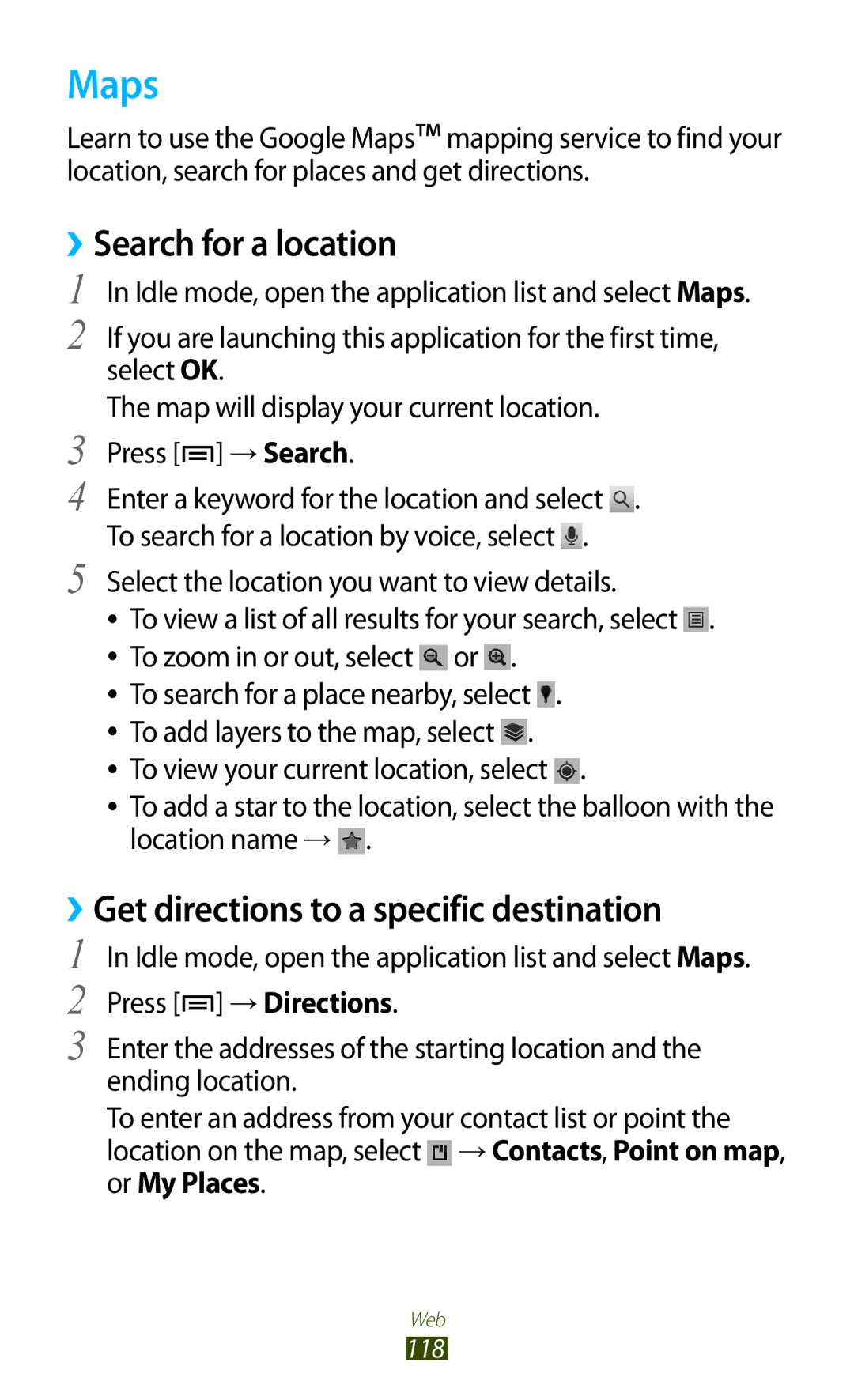 Samsung GT-N7000 user manual Maps, ››Search for a location, ››Get directions to a specific destination 