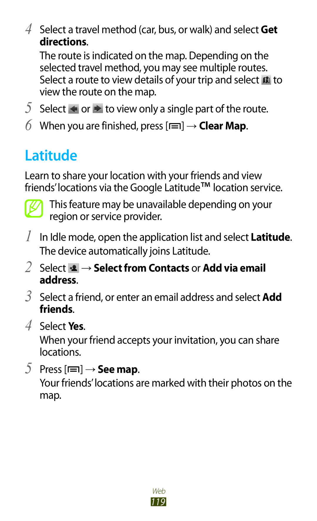 Samsung GT-N7000 user manual Latitude, Select → Select from Contacts or Add via email address, Friends 