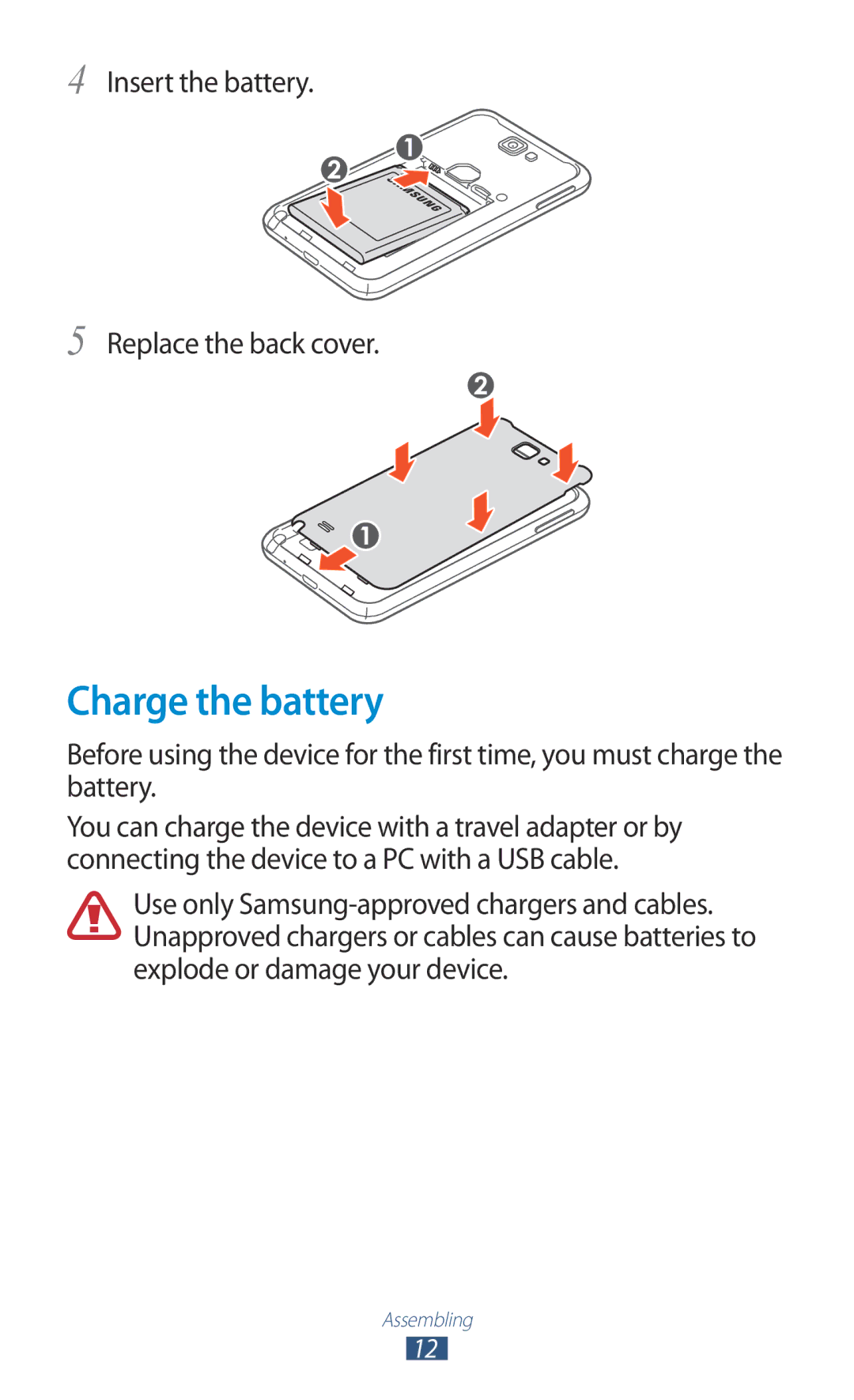 Samsung GT-N7000 user manual Charge the battery, Insert the battery Replace the back cover 