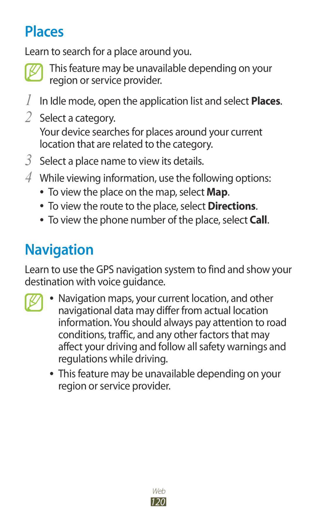 Samsung GT-N7000 user manual Places, Navigation 