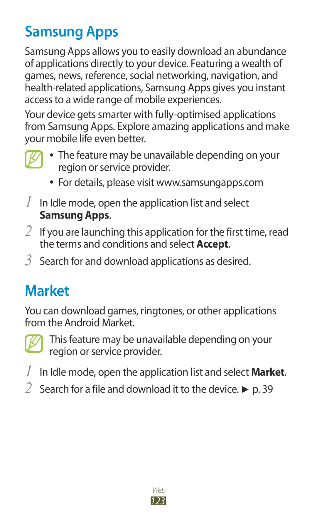 Samsung GT-N7000 user manual Samsung Apps, Market 