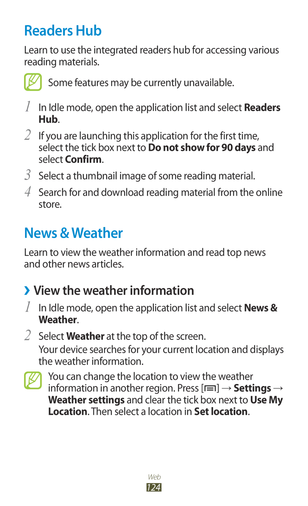 Samsung GT-N7000 user manual Readers Hub, News & Weather, ››View the weather information 