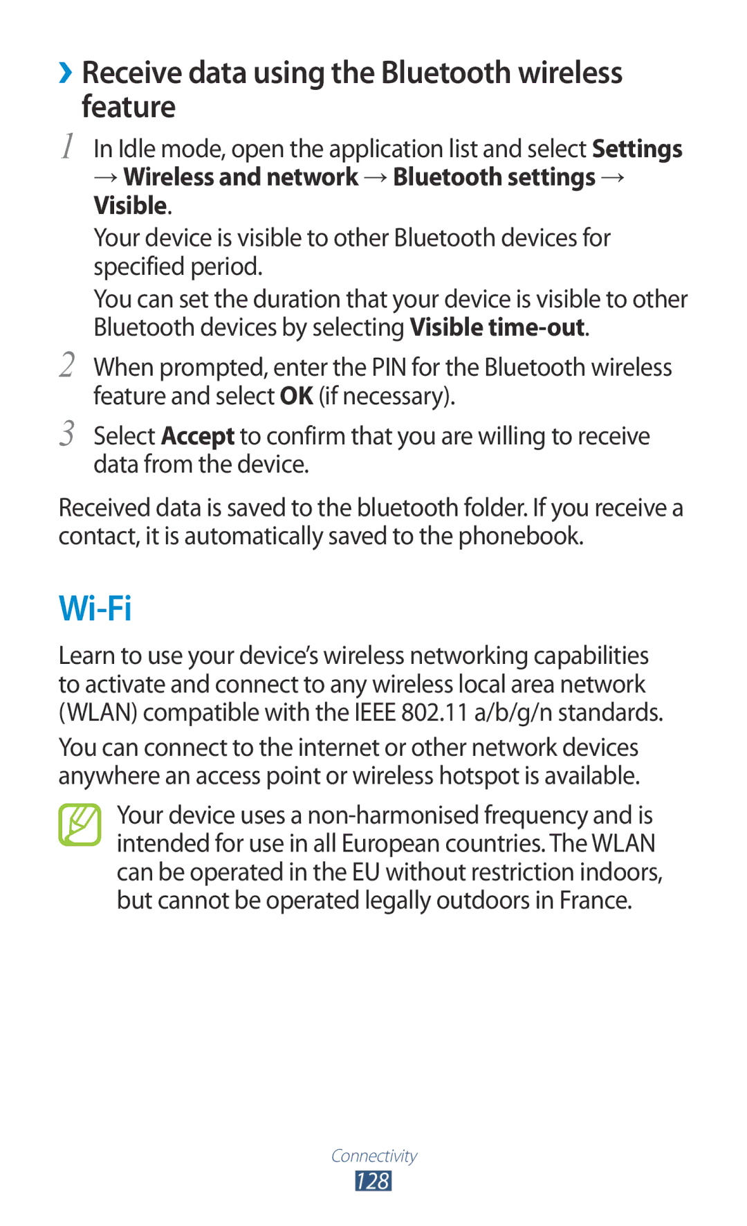 Samsung GT-N7000 user manual Wi-Fi, ››Receive data using the Bluetooth wireless feature 