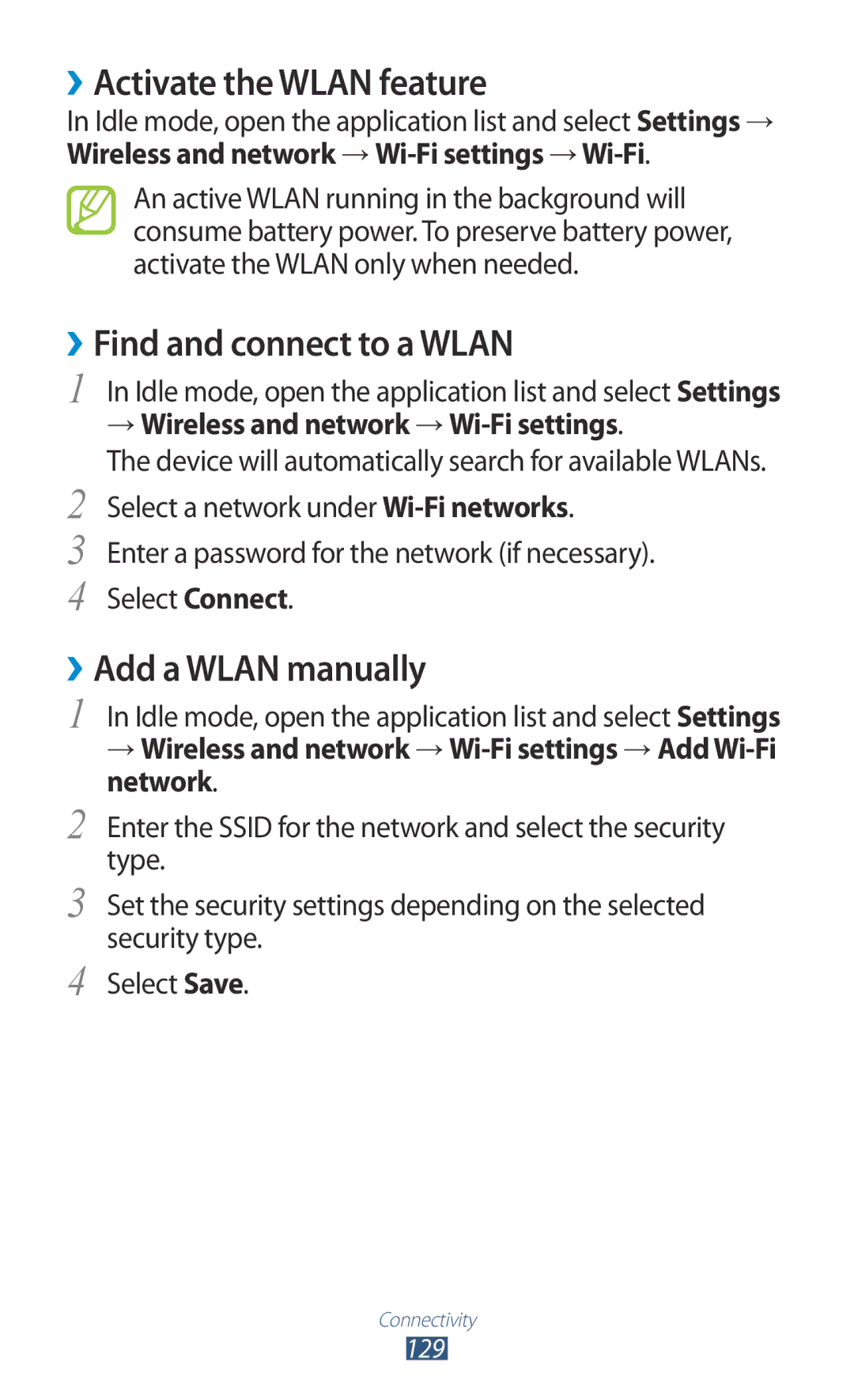 Samsung GT-N7000 user manual ››Activate the Wlan feature, ››Find and connect to a Wlan, ››Add a Wlan manually 