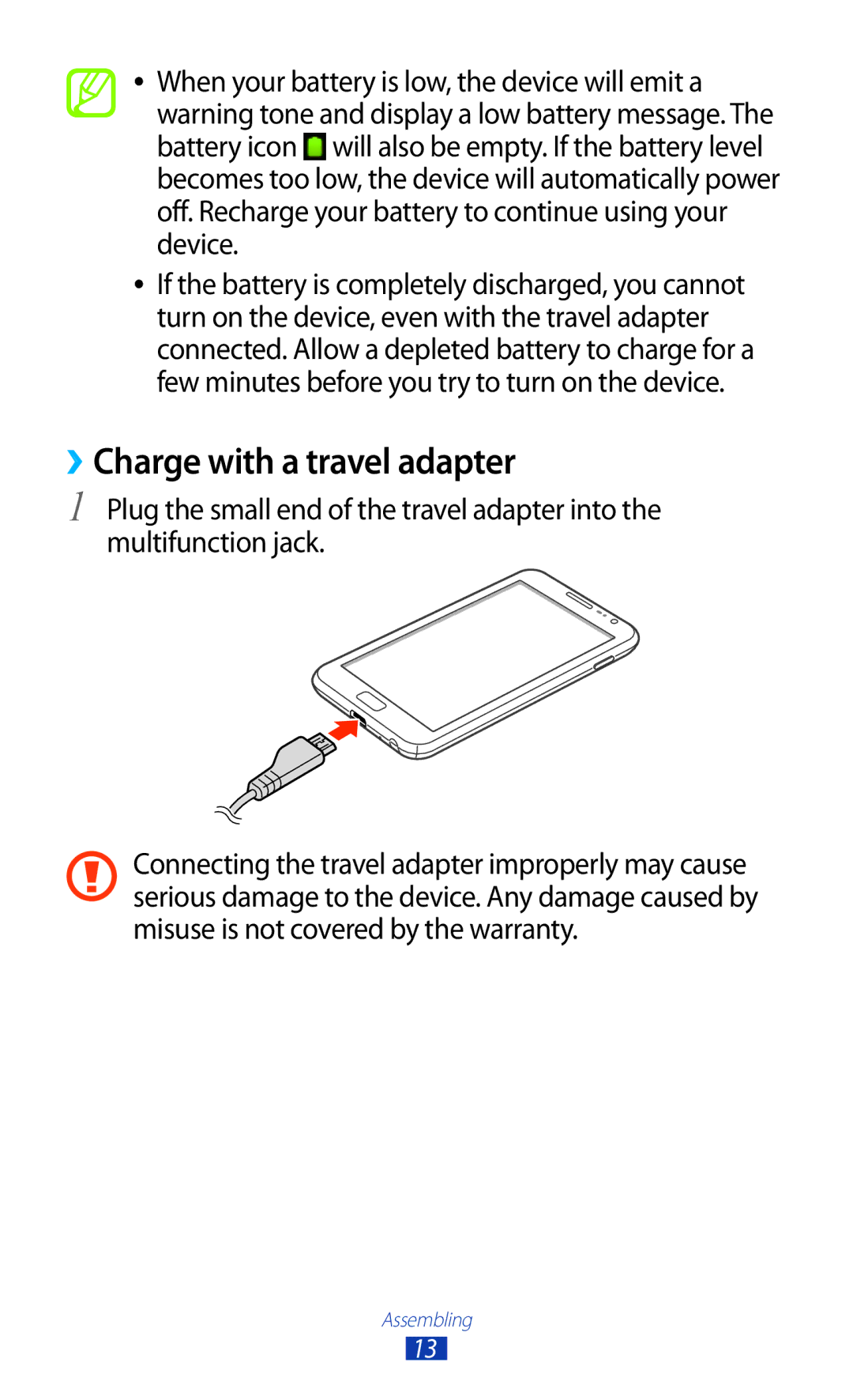 Samsung GT-N7000 user manual ››Charge with a travel adapter 