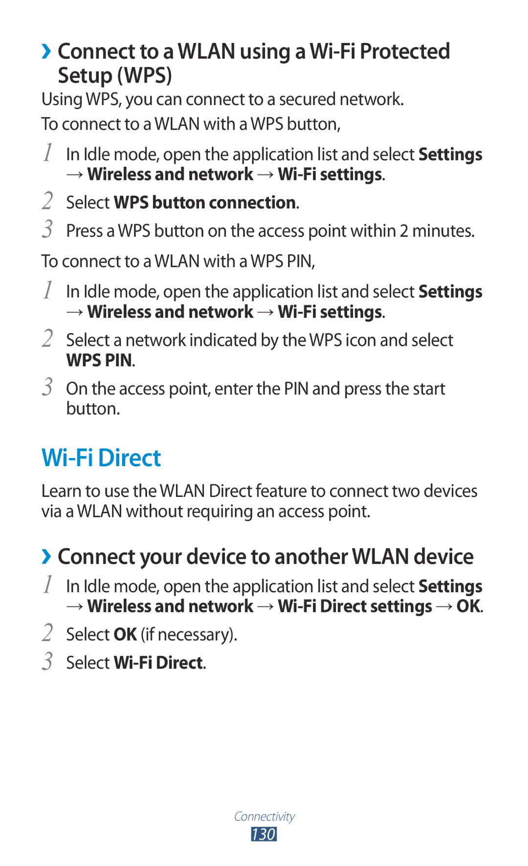 Samsung GT-N7000 Wi-Fi Direct, Setup WPS, Select a network indicated by the WPS icon and select, Select OK if necessary 