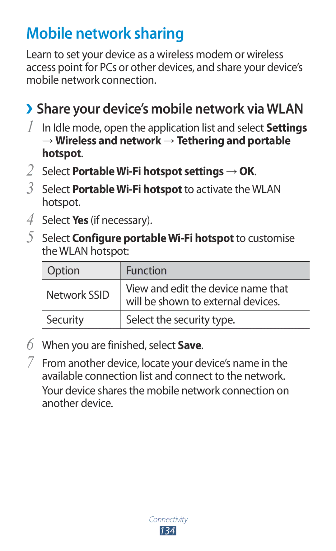 Samsung GT-N7000 user manual Mobile network sharing, ››Share your device’s mobile network via Wlan 