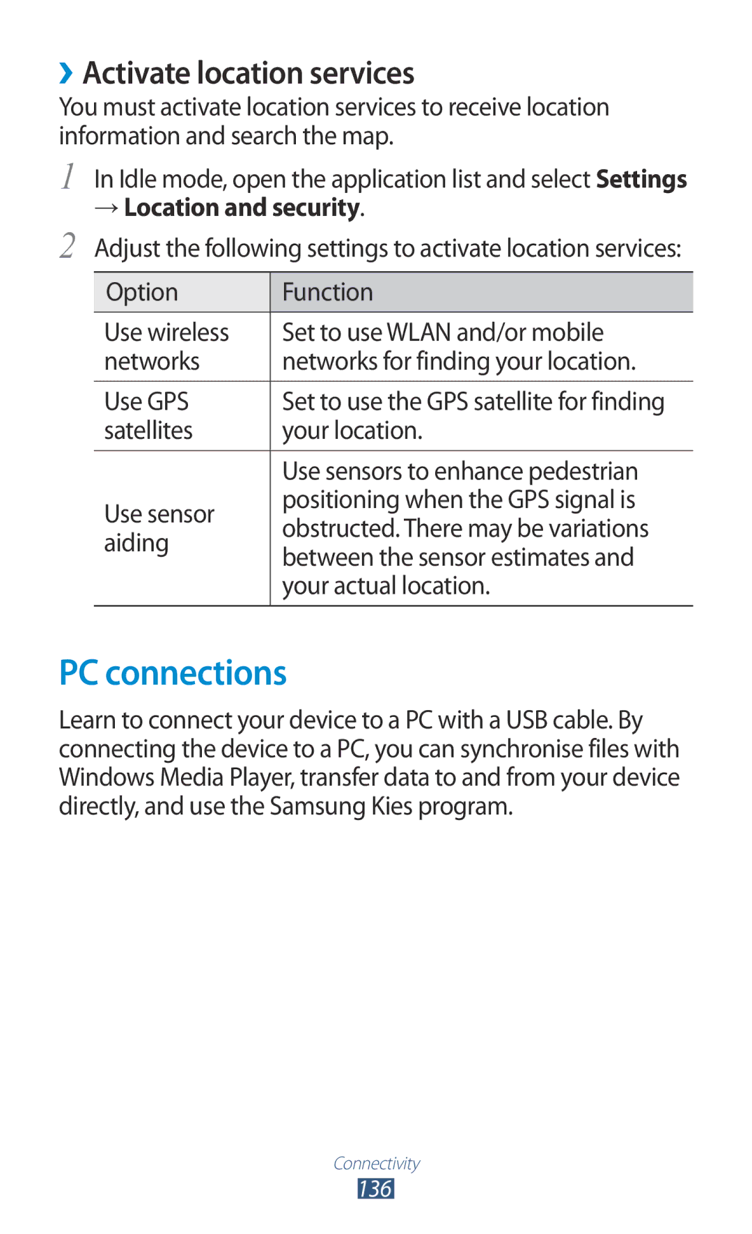 Samsung GT-N7000 user manual PC connections, ››Activate location services, → Location and security 