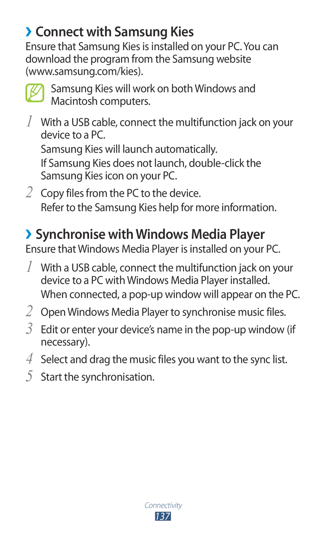 Samsung GT-N7000 user manual ››Connect with Samsung Kies, ››Synchronise with Windows Media Player 