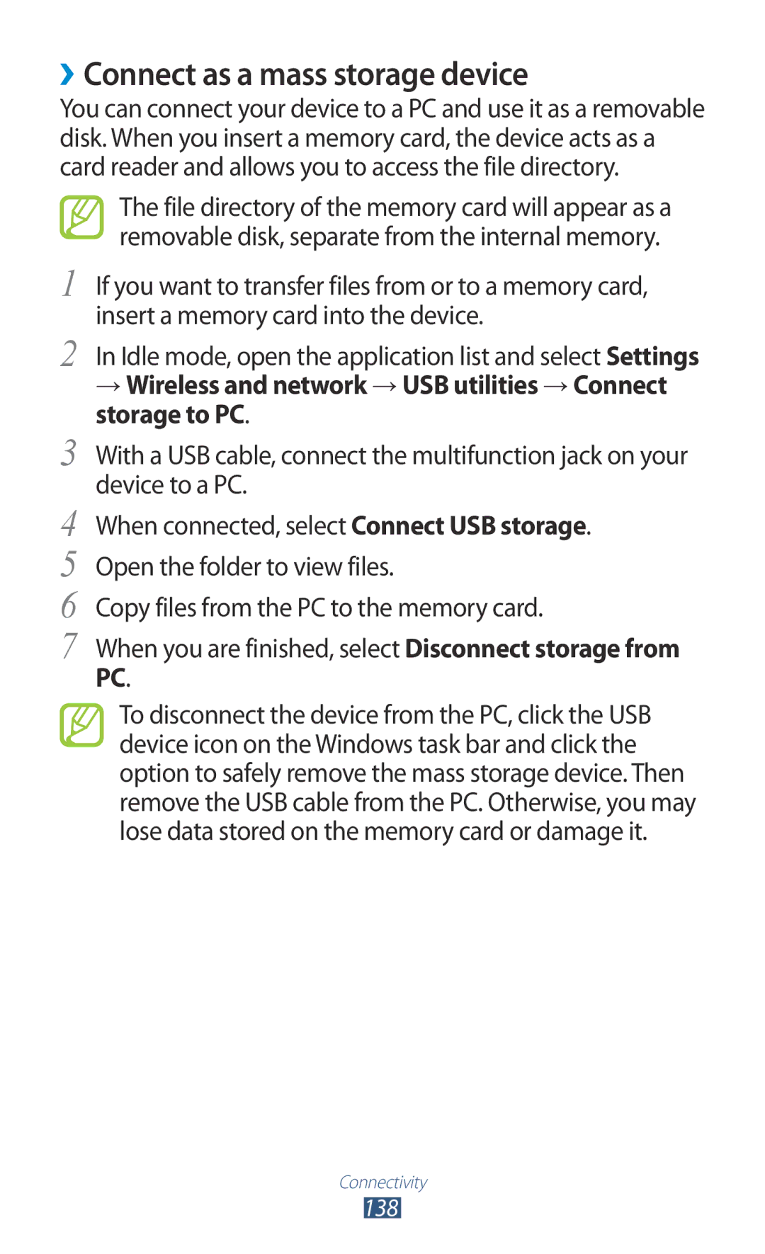 Samsung GT-N7000 user manual ››Connect as a mass storage device 