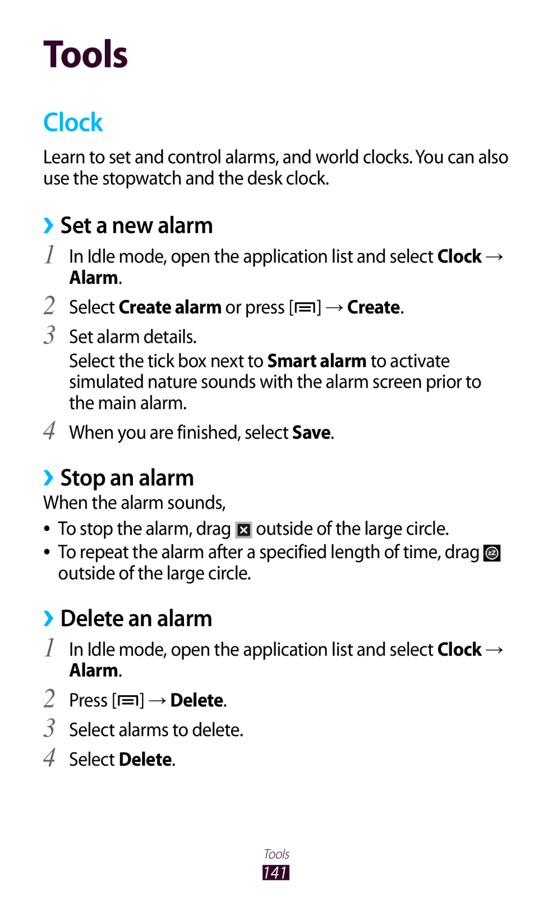 Samsung GT-N7000 user manual Clock, ››Set a new alarm, ››Stop an alarm, ››Delete an alarm, Alarm 