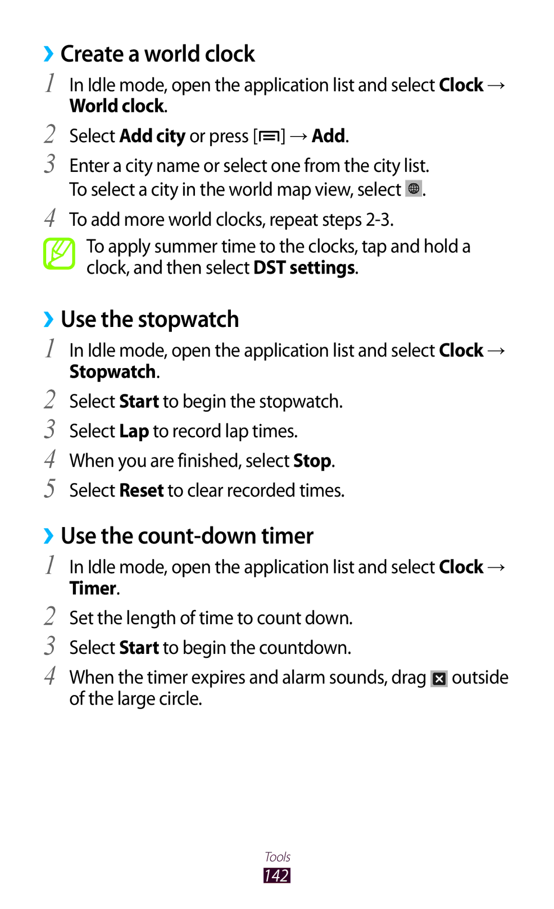 Samsung GT-N7000 ››Create a world clock, ››Use the stopwatch, ››Use the count-down timer, World clock, Stopwatch 