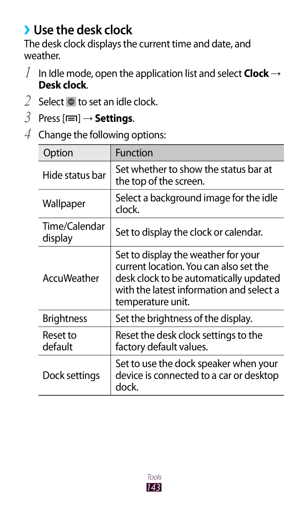 Samsung GT-N7000 user manual ››Use the desk clock, Desk clock 