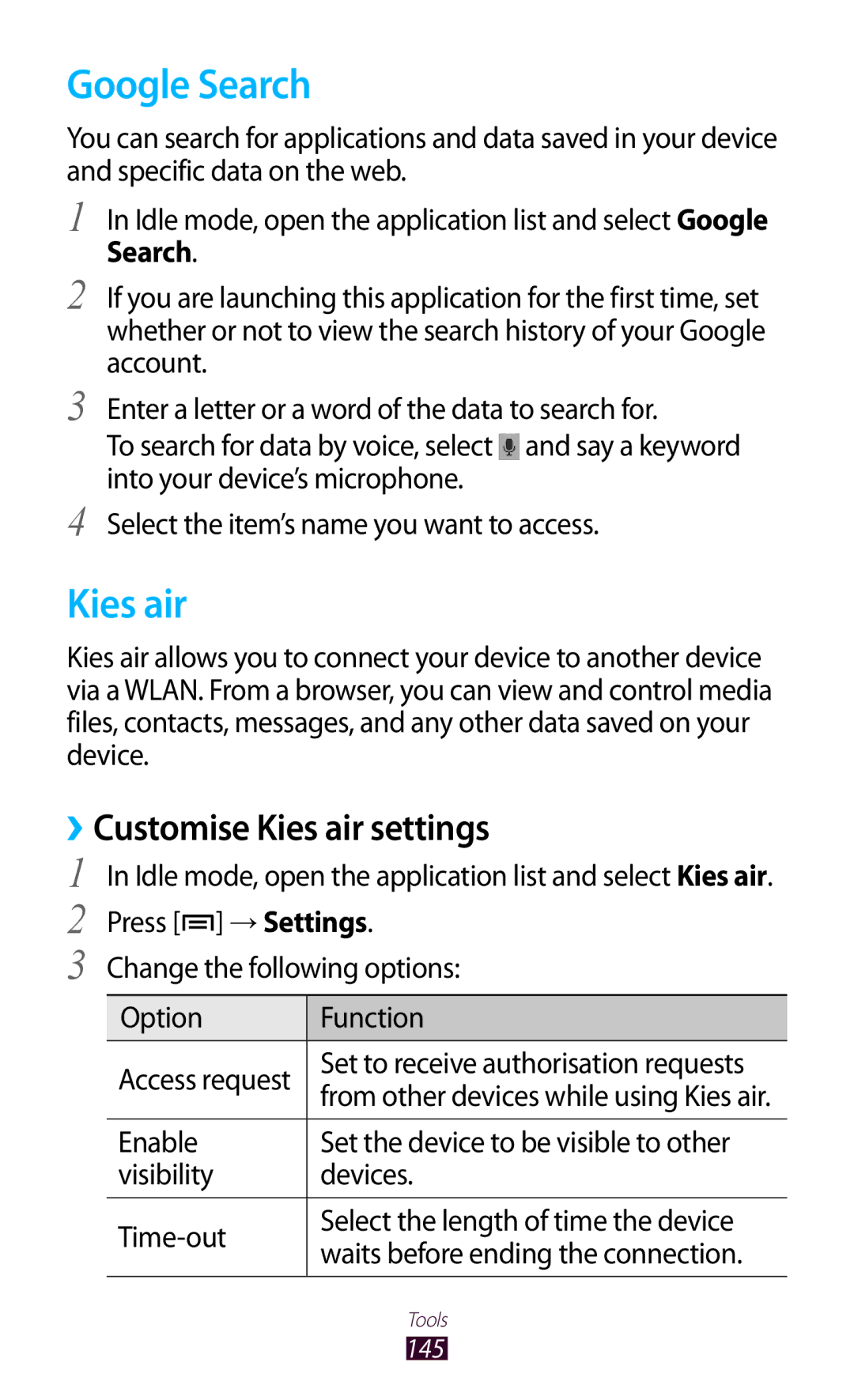 Samsung GT-N7000 Google Search, Customise Kies air settings, Option Function, Set to receive authorisation requests 