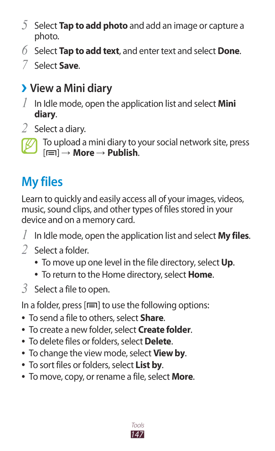 Samsung GT-N7000 user manual My files, ››View a Mini diary, Idle mode, open the application list and select Mini, Diary 