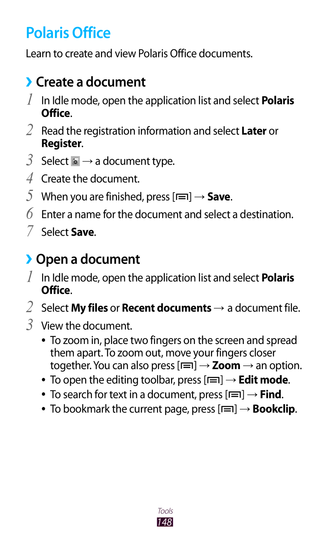 Samsung GT-N7000 user manual Polaris Office, ››Create a document, ››Open a document 