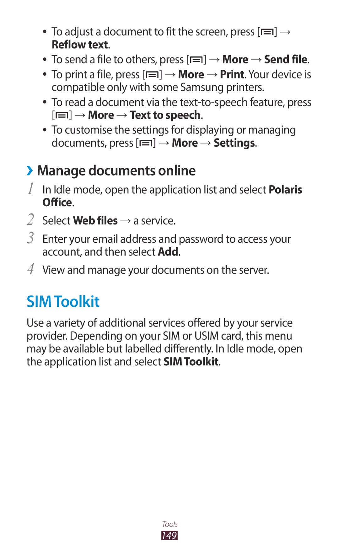 Samsung GT-N7000 SIM Toolkit, ››Manage documents online, To adjust a document to fit the screen, press → Reflow text 