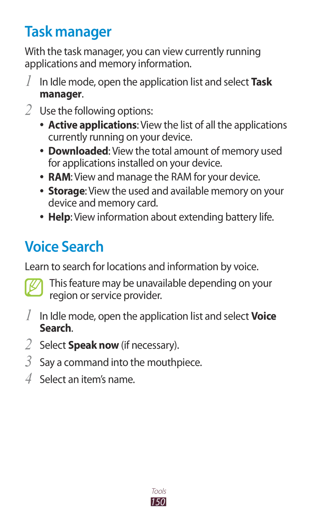 Samsung GT-N7000 user manual Task manager, Voice Search 