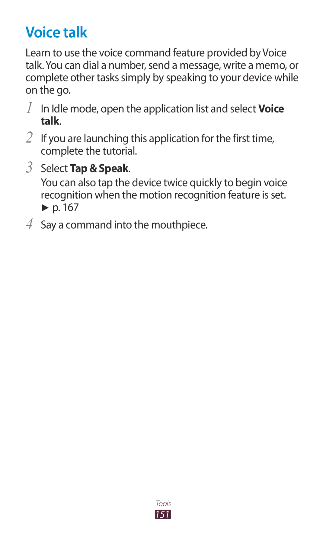 Samsung GT-N7000 user manual Voice talk, Select Tap & Speak 