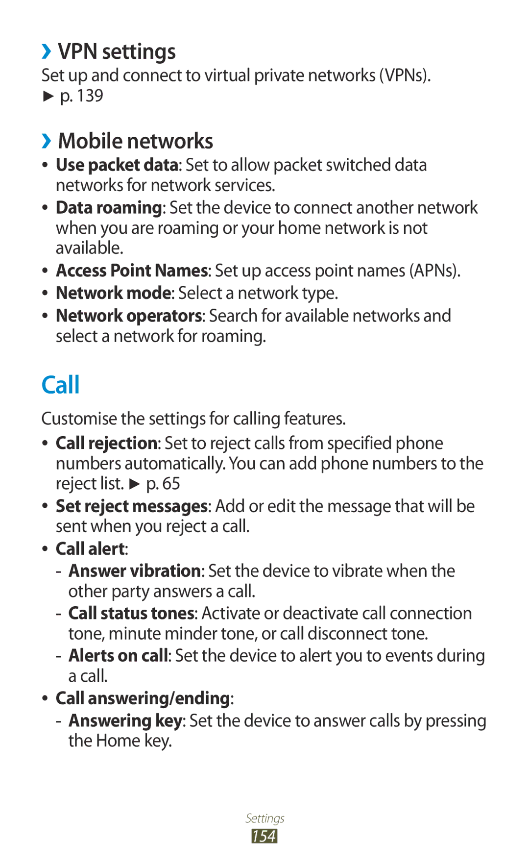 Samsung GT-N7000 user manual ››VPN settings, ››Mobile networks, Call alert, Call answering/ending 