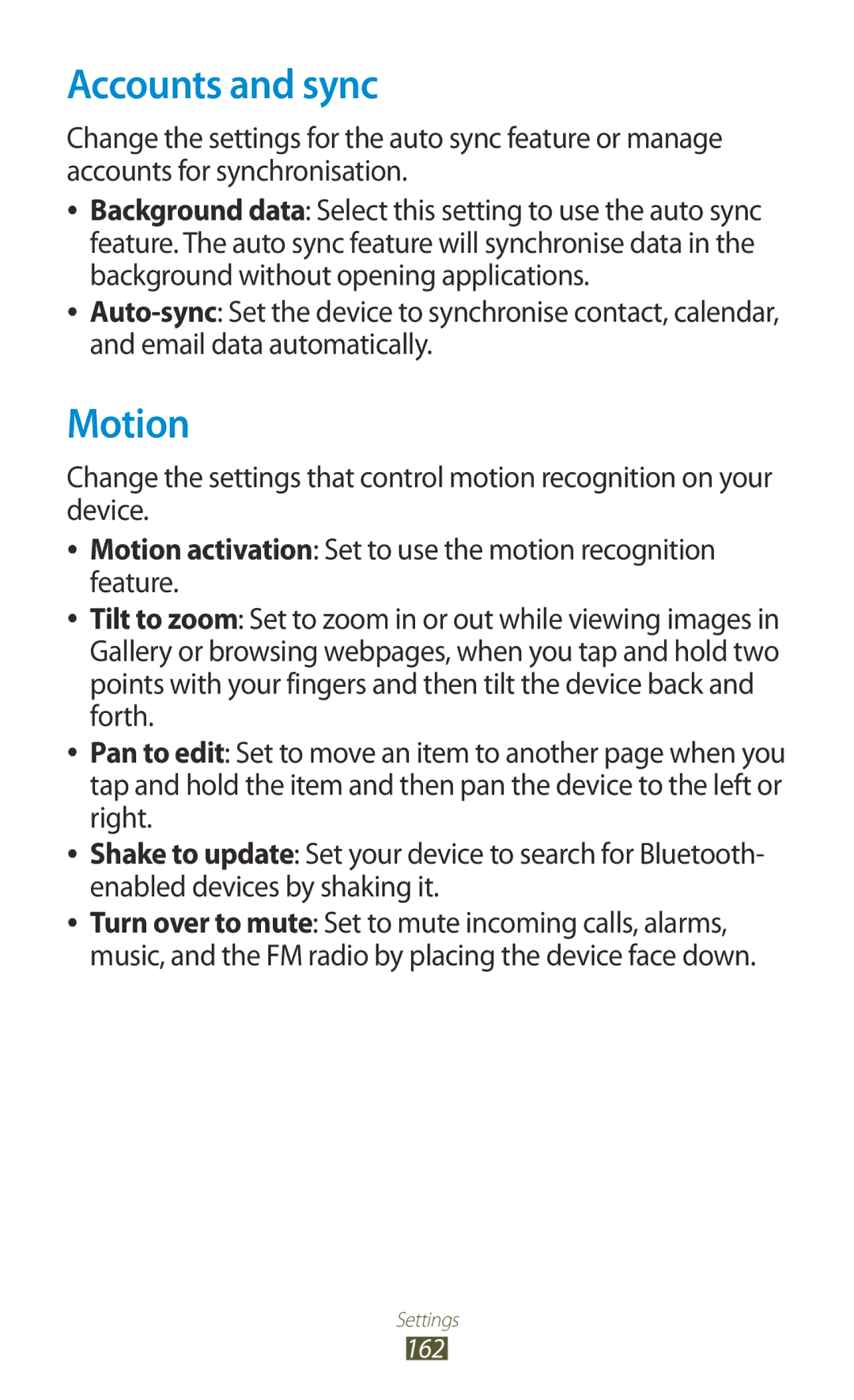 Samsung GT-N7000 user manual Accounts and sync, Motion 