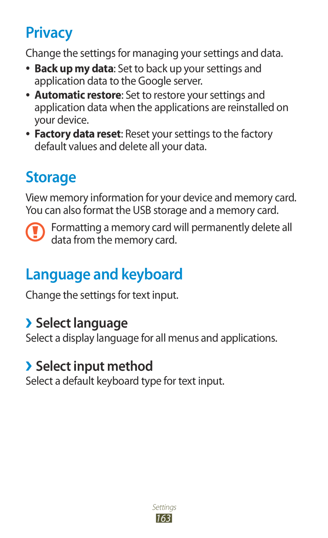 Samsung GT-N7000 user manual Privacy, Storage, Language and keyboard, ››Select language, ››Select input method 