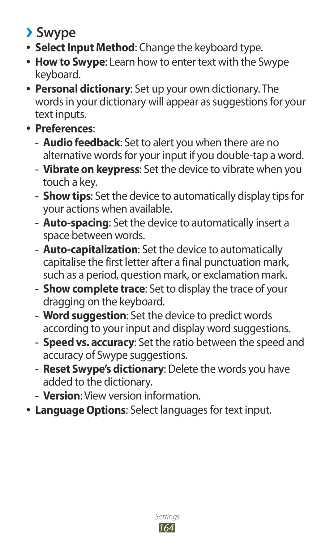 Samsung GT-N7000 user manual ››Swype, Preferences 