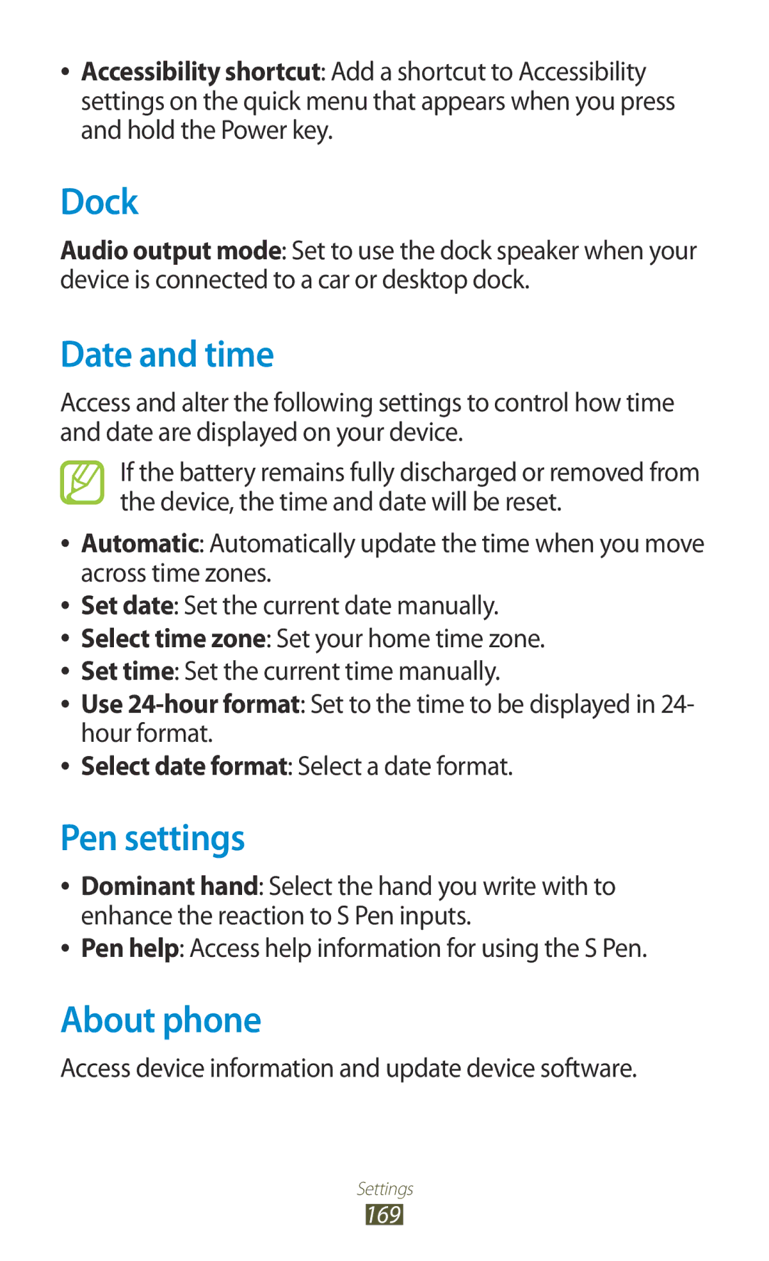 Samsung GT-N7000 Dock, Date and time, Pen settings, About phone, Access device information and update device software 