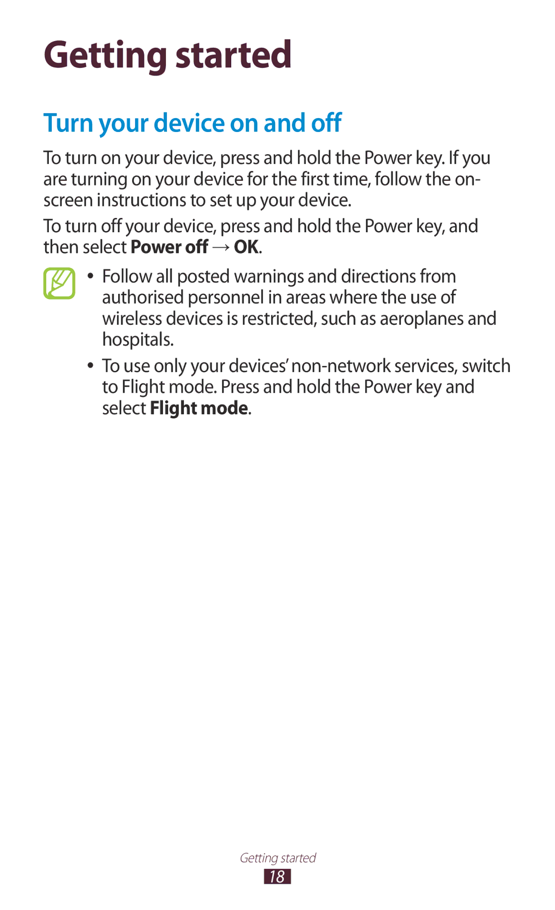 Samsung GT-N7000 user manual Getting started, Turn your device on and off 