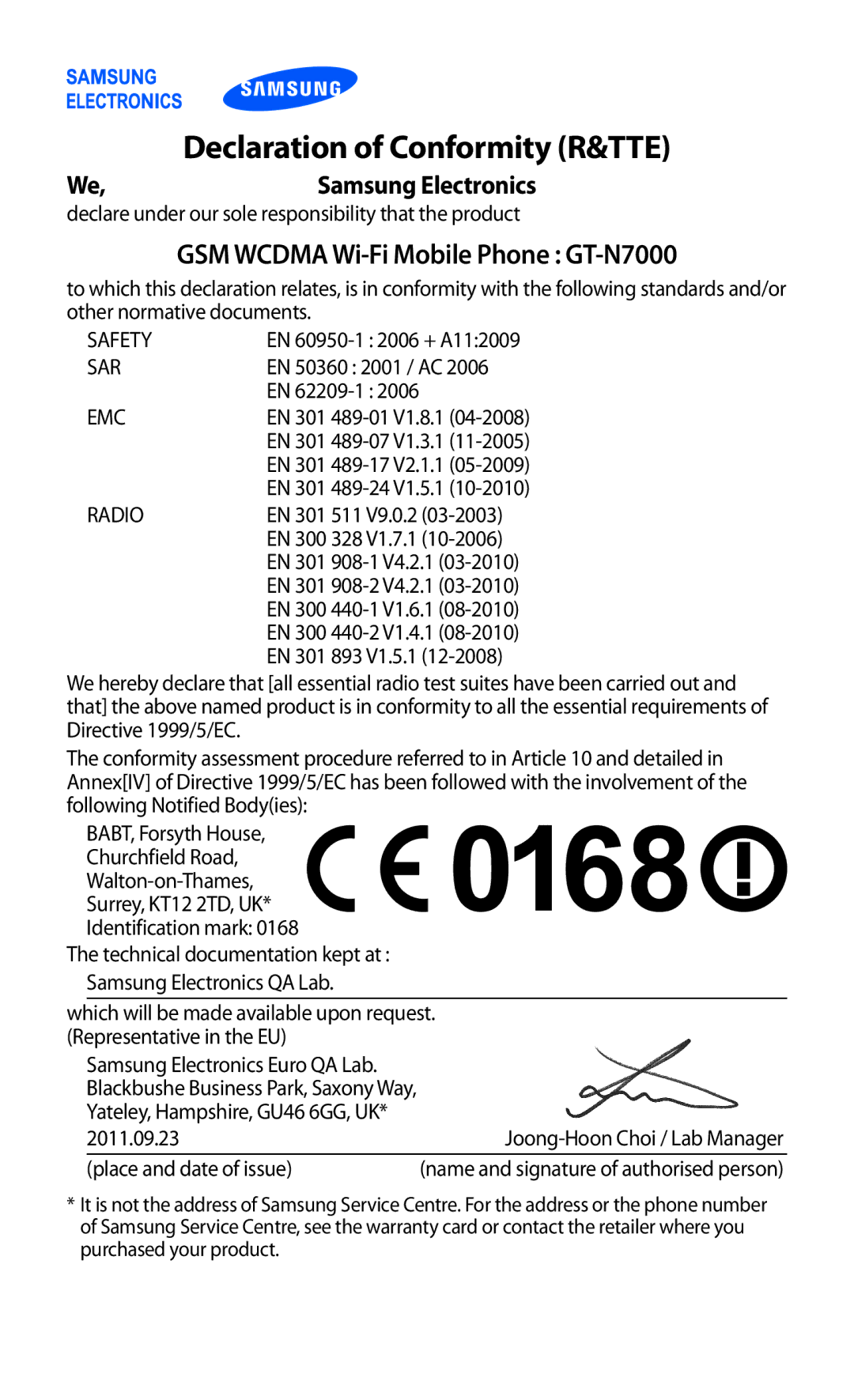 Samsung user manual Declaration of Conformity R&TTE, GSM Wcdma Wi-Fi Mobile Phone GT-N7000 